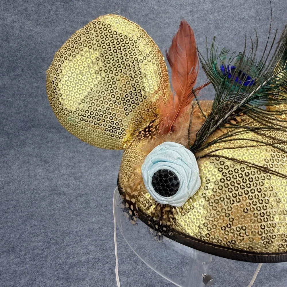 Disney Parks Minnie Mouse Gold Sequin Ears Peacock Feather Headband One Size